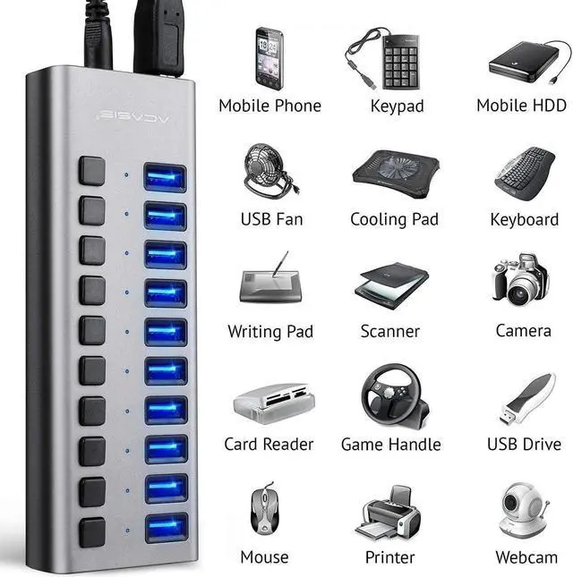 Alt view image 7 of 7 - Powered USB Hub - ACASIS 10 Ports 48W USB 3.0 Data Hub - with Individual On/Off Switches and 12V/4A Power Adapter USB Hub 3.0 Splitter for Laptop PC Computer Mobile HDD Flash Drive and More