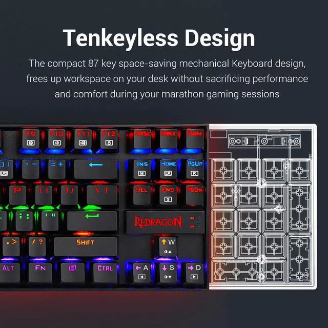 Alt view image 3 of 7 - K552 Mechanical Gaming Keyboard 87 Key Rainbow LED Backlit Wired with Anti-Dust Proof Switches for Windows PC (Black Keyboard, Red Switches)
