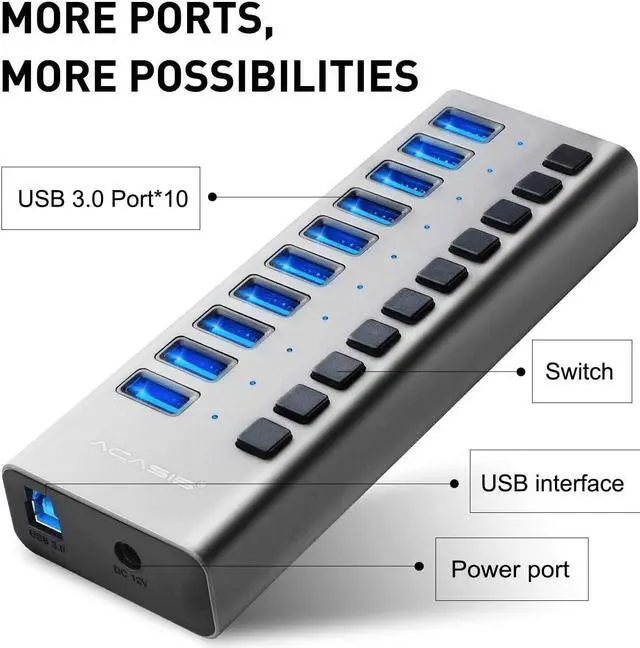Alt view image 5 of 7 - Powered USB Hub - ACASIS 10 Ports 48W USB 3.0 Data Hub - with Individual On/Off Switches and 12V/4A Power Adapter USB Hub 3.0 Splitter for Laptop PC Computer Mobile HDD Flash Drive and More
