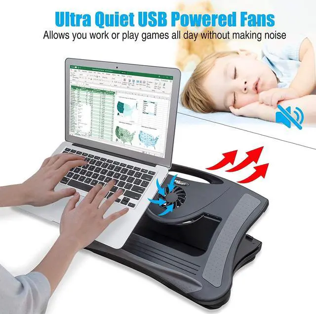 Alt view image 4 of 7 - MAX SMART Laptop Lap Pad Laptop Stand with Attached Mouse Pad Cushion and USB Cooling Fan Non-Slip Heat Shield Tablet Computer Stand for Sturdy Work Station for Home Office Bed Sofa Couch and Car