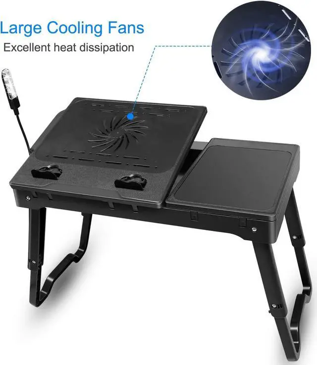 Alt view image 3 of 7 - Laptop Desk for Bed, Adjustable Table with Fan, Portable Lap Desk, Foldable Legs, Stand for Couch Sofa, Tray with LED Light, 4 USB Ports, Storage, Mouse Pad