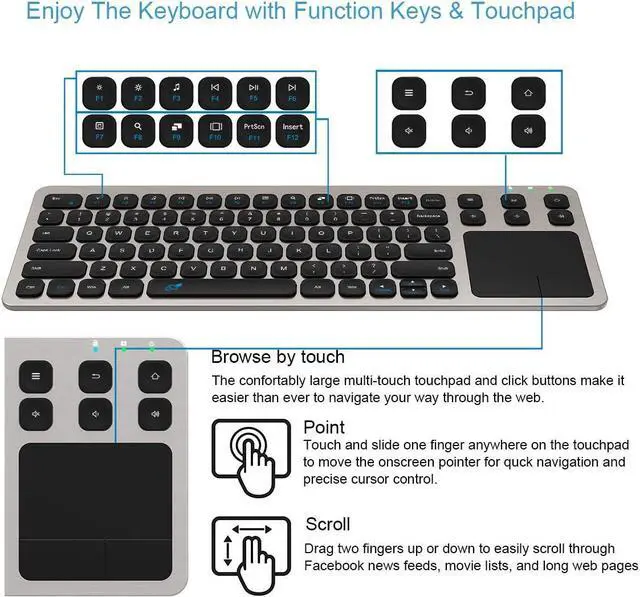 Alt view image 2 of 7 - Wireless Keyboard 2.4G Wireless Touch TV Keyboard with Easy Media Control and Built-In Touchpad Mouse Solid Stainless Ultra Compact Full Size Keyboard for TV-Connected Computer Smart TV HTPC