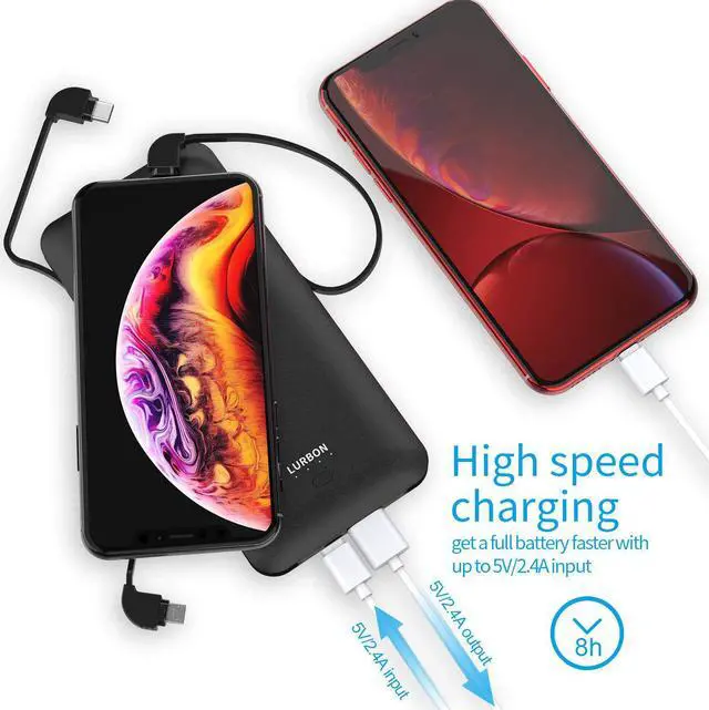 Alt view image 5 of 6 - 10000 mAh Portable Charger Power Bank,Slim External Battery Pack with Built in AC Wall Plug, USB C Cable Total 3 Different Cables Compatible with Cell Phone Tablet