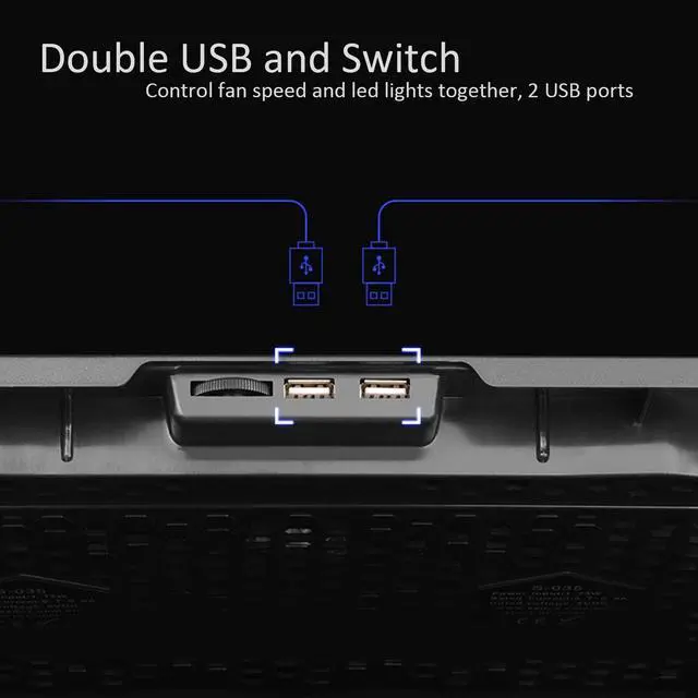 Alt view image 4 of 7 - AICHESON Laptop Cooling Pad 5 Fans Up to 17.3 Inch Heavy Notebook Cooler, Blue LED Lights, 2 USB Ports, S035, Blue-5fans