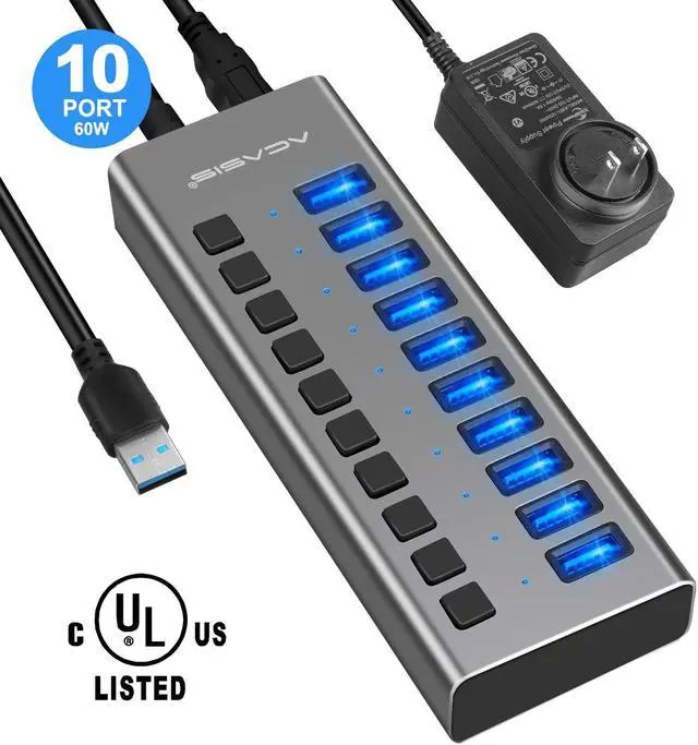 Main image of Powered USB Hub - ACASIS 10 Ports 48W USB 3.0 Data Hub - with Individual On/Off Switches and 12V/4A Power Adapter USB Hub 3.0 Splitter for Laptop PC Computer Mobile HDD Flash Drive and More