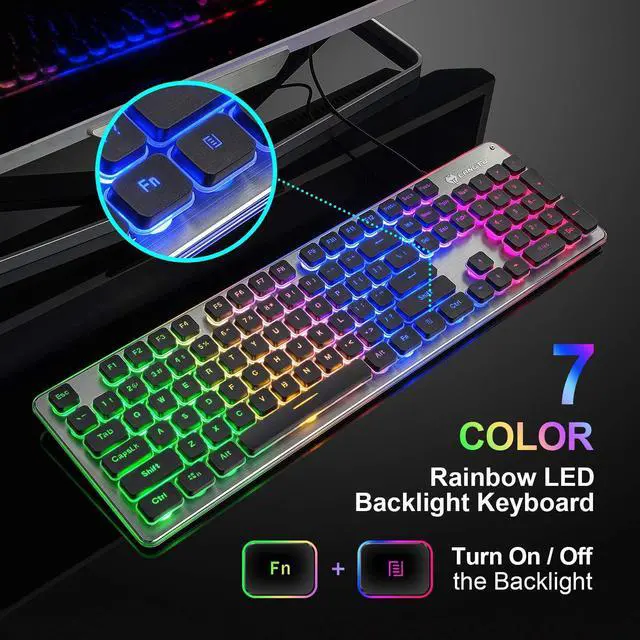 Alt view image 2 of 7 - LANGTU Membrane Gaming Keyboard, Colorful LED Backlit Quiet Keyboard for Study, All-Metal Panel USB Wired 25 Keys Anti-ghosting Computer Keyboard 104 Keys - L1 Black/Silver