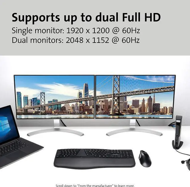Alt view image 3 of 6 - Kensington USB 3.0 Dual Display Docking Station for Windows, Mac OS, Surface Pro & Surface Laptop (K33972US),Black