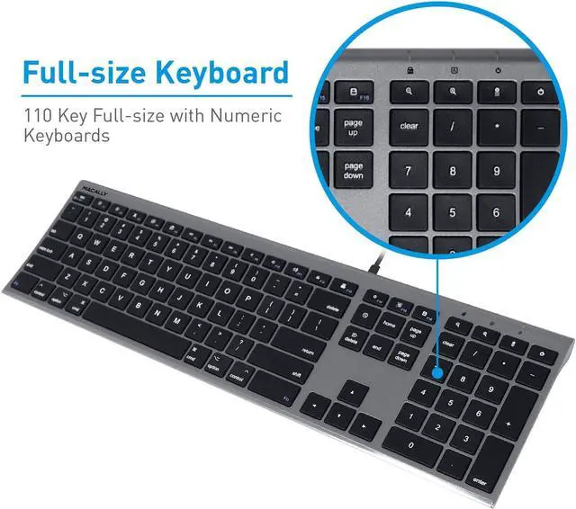 Alt view image 3 of 7 - Ultra Slim USB Wired Computer Keyboard - Works as a Windows or Mac Wired Keyboard - Full Size Keyboard with Numeric Keypad & 20 Shortcut Keys - Plug and Play Mac Keyboard - Space Gray