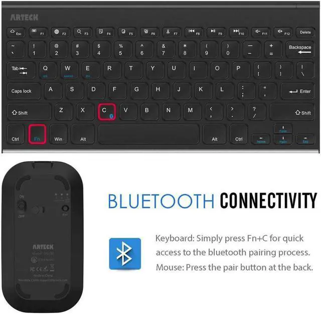 Alt view image 4 of 7 - Arteck Bluetooth Keyboard and Mouse Combo Ultra Compact Slim Stainless Full Size Keyboard and Ergonomic Mice for Computer/Desktop/PC/Laptop/Surface and Windows 10/8/7 Built in Rechargeable Battery