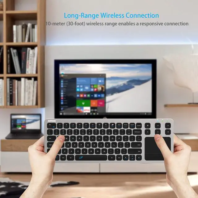 Alt view image 4 of 7 - Wireless Keyboard 2.4G Wireless Touch TV Keyboard with Easy Media Control and Built-In Touchpad Mouse Solid Stainless Ultra Compact Full Size Keyboard for TV-Connected Computer Smart TV HTPC