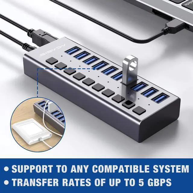Alt view image 6 of 7 - Powered USB Hub - ACASIS 10 Ports 48W USB 3.0 Data Hub - with Individual On/Off Switches and 12V/4A Power Adapter USB Hub 3.0 Splitter for Laptop PC Computer Mobile HDD Flash Drive and More