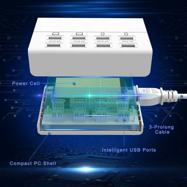 Alt view image 3 of 7 - USB Charger, HITRENDS 8 Ports Charging Station 60W/12A Multi Port USB Charging Hub for Multiple Devices (5ft Cord, White)