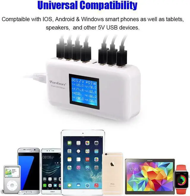 Alt view image 3 of 6 - 60W 8-Port USB Wall Charger, Multi Port USB Charger Charging Station W/LCD Compatible with Smart Phone, Tablet and Multiple Devices