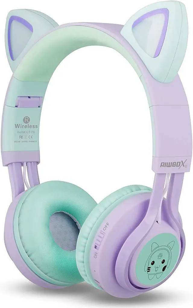 Alt view image 3 of 7 - Riwbox Kids Wireless Headphones, CT-7S Cat Ear Bluetooth, 85dB Volume Limiting, LED Light Up Over Ear with Microphone for Laptop/PC/TV (Purple&Green)