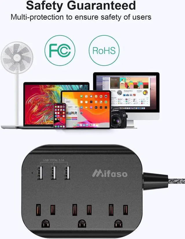 Alt view image 6 of 6 - Power Strip with USB, Mountable Flat Plug Power Strip with 3 Outlets 3 USB Ports(Smart 3.1A), 5ft Braided Extension Cord, Compact for Cruise Ship, Travel, Home, Office