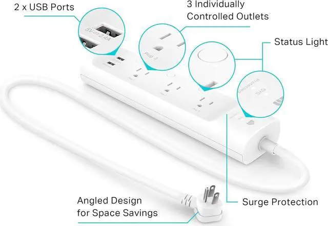Alt view image 3 of 7 - Kasa Smart Plug Power Strip KP303, Surge Protector with 3 Individually Controlled Smart Outlets and 2 USB Ports, Works with Alexa & Google Home, No Hub Required , White