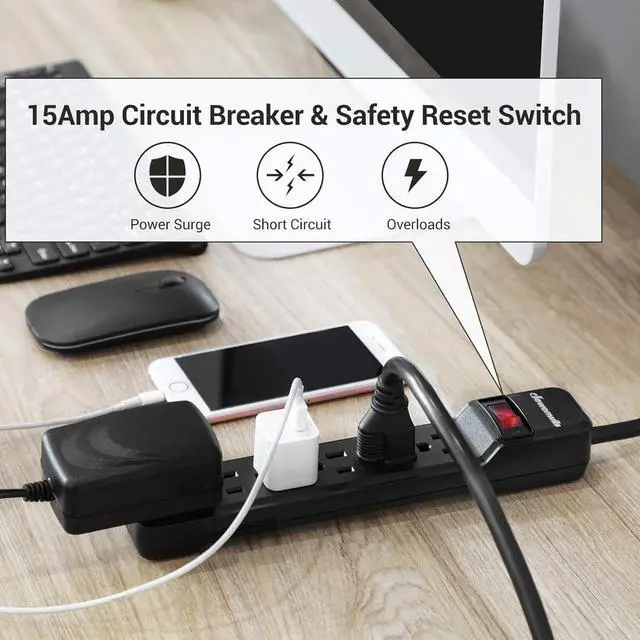 Alt view image 4 of 7 - DEWENWILS 2-Pack Power Strip Surge Protector,25 Ft Extra Long Extension Cord, Low Profile Flat Plug,15 Amp Circuit Breaker, 500 Joules, Wall Mount, Black, UL Listed