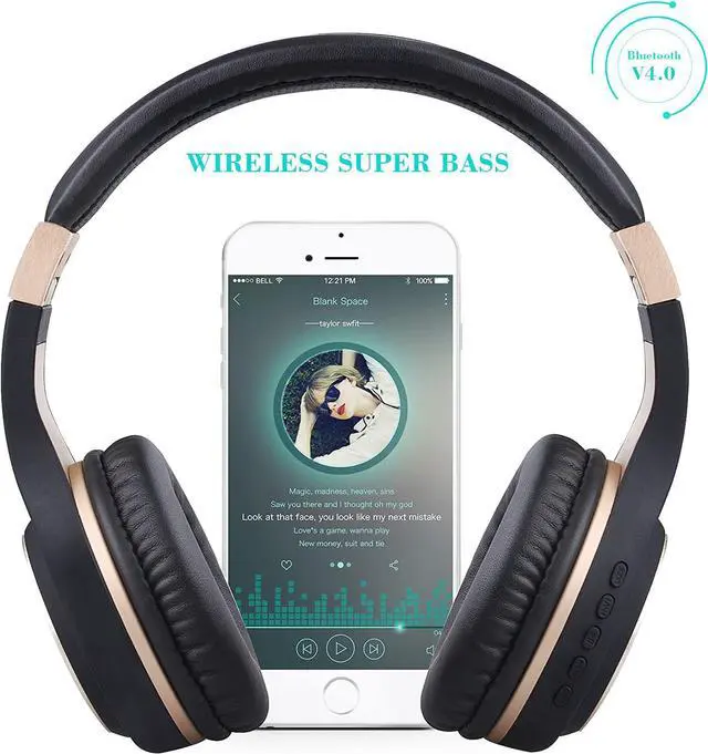 Alt view image 2 of 7 - Riwbox Bluetooth Headphones, XBT-80 Folding Stereo Wireless Bluetooth Headphones Over Ear with Microphone and Volume Control, Wireless and Wired Headset for PC/Cell Phones/TV/iPad (Black Gold)