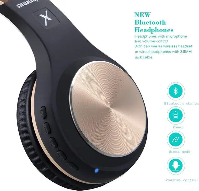 Alt view image 5 of 7 - Riwbox Bluetooth Headphones, XBT-80 Folding Stereo Wireless Bluetooth Headphones Over Ear with Microphone and Volume Control, Wireless and Wired Headset for PC/Cell Phones/TV/iPad (Black Gold)