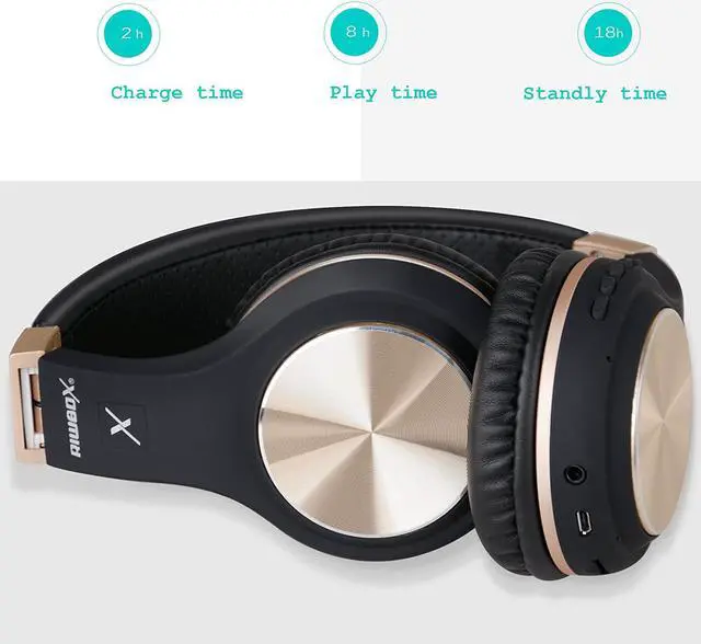Alt view image 4 of 7 - Riwbox Bluetooth Headphones, XBT-80 Folding Stereo Wireless Bluetooth Headphones Over Ear with Microphone and Volume Control, Wireless and Wired Headset for PC/Cell Phones/TV/iPad (Black Gold)