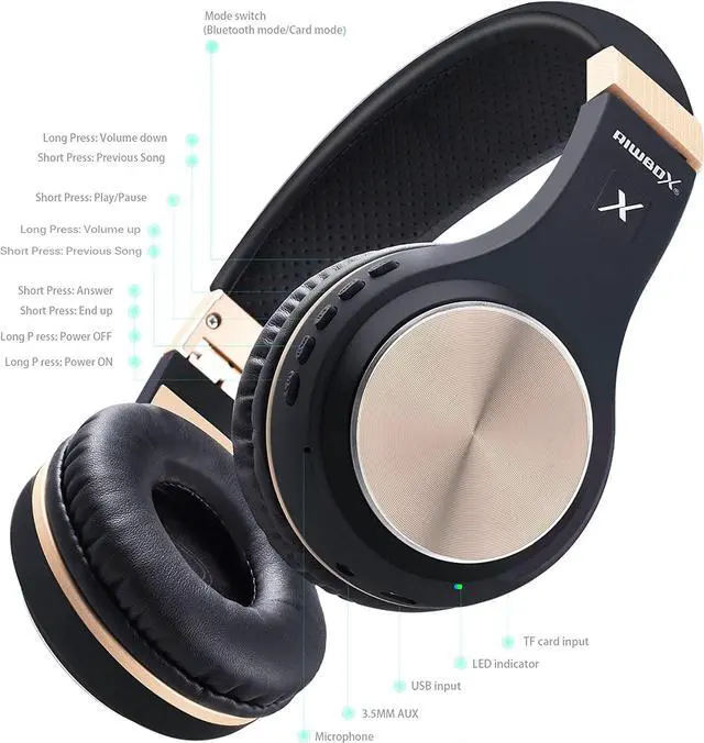 Alt view image 3 of 7 - Riwbox Bluetooth Headphones, XBT-80 Folding Stereo Wireless Bluetooth Headphones Over Ear with Microphone and Volume Control, Wireless and Wired Headset for PC/Cell Phones/TV/iPad (Black Gold)