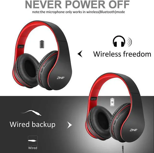 Alt view image 2 of 6 - ZIHNIC Bluetooth Headphones Over-Ear, Foldable Wireless and Wired Stereo Headset Micro SD/TF, FM for Cell Phone,PC,Soft Earmuffs &Light Weight for Prolonged Wearing (Black/red)