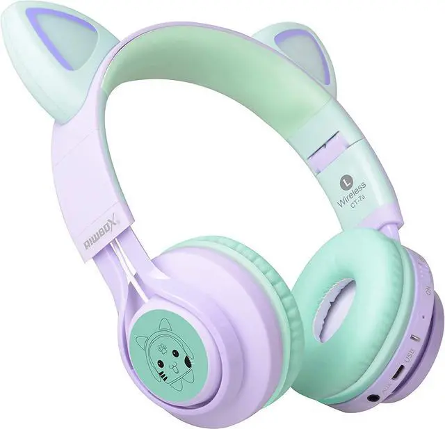 Alt view image 4 of 7 - Riwbox Kids Wireless Headphones, CT-7S Cat Ear Bluetooth, 85dB Volume Limiting, LED Light Up Over Ear with Microphone for Laptop/PC/TV (Purple&Green)