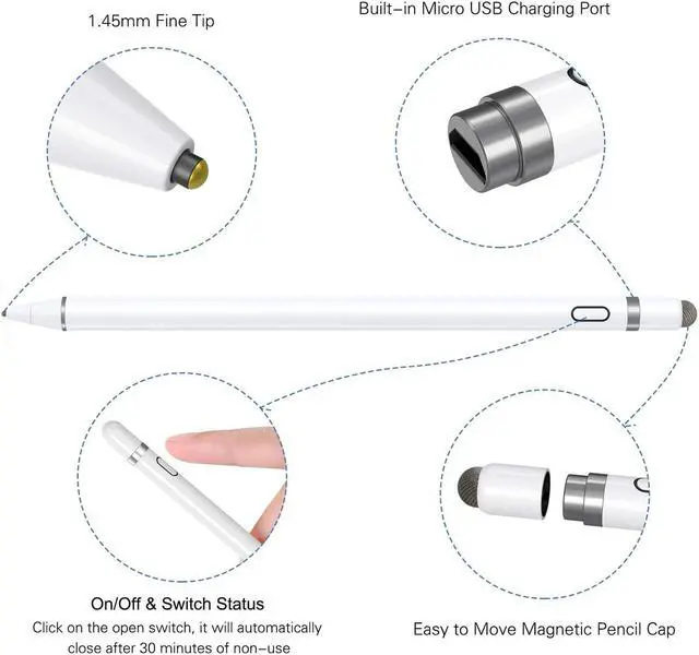 Alt view image 2 of 6 - Active Stylus Pen Compatible for iOS&Android Touch Screens Pencil with Dual Touch Function Rechargeable Stylus for iPad/iPad Pro/Air/Mini/iPhone/Cellphone//Tablet Drawing&Writing