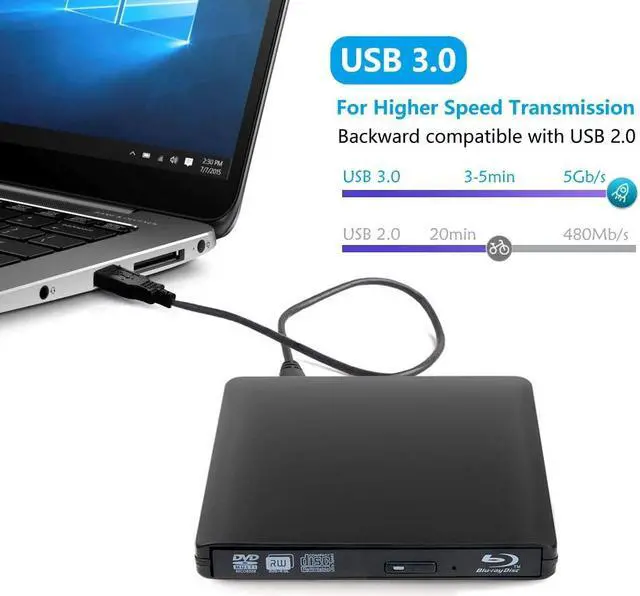 Alt view image 3 of 7 - External 4K 3D Blu Ray DVD Drive Burner, Portable Ultra Slim USB 3.0 Blu Ray BD CD DVD Burner Player Writer Reader Disk for Mac OS, Windows 7/8.1/10 /Linxus, Laptop, PC (Black)
