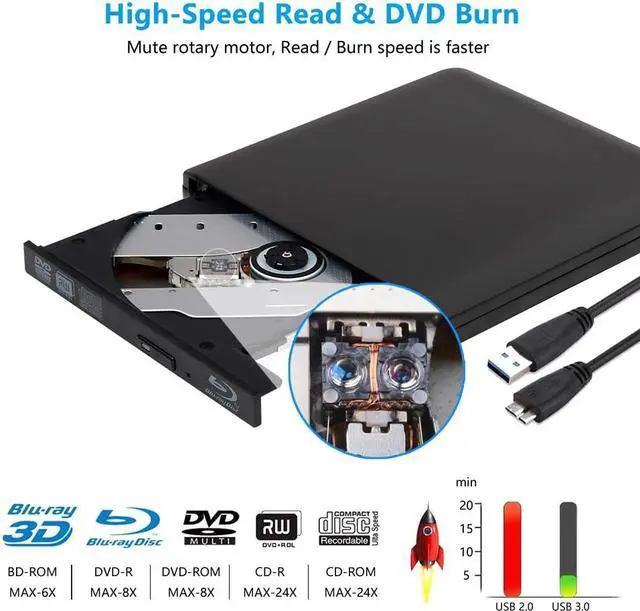 Alt view image 2 of 7 - External 4K 3D Blu Ray DVD Drive Burner, Portable Ultra Slim USB 3.0 Blu Ray BD CD DVD Burner Player Writer Reader Disk for Mac OS, Windows 7/8.1/10 /Linxus, Laptop, PC (Black)