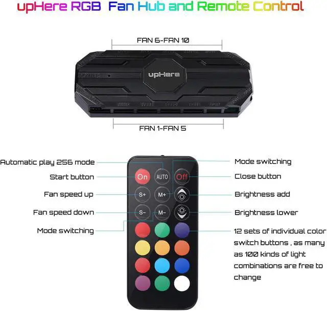 Alt view image 4 of 5 - upHere 10-Port 6PIN SATA RGB Hub with 21-Key Remote Control/Splitter for 6-Pin Case Fans in Black-MBX10
