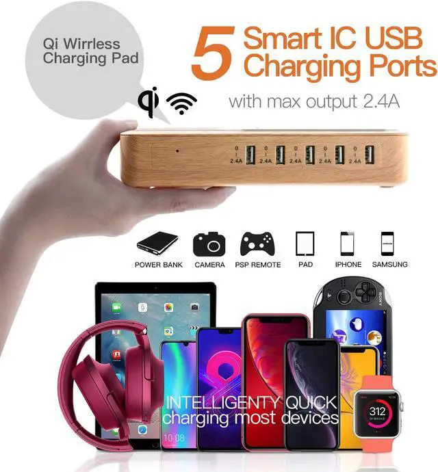 Alt view image 2 of 7 - Fastest Charging Station for Multiple Devices,5 USB Ports with 1 Qi Charging Pad,6 Mixed Cable Included, for Apple/AirPods/iPad//Android/Tablet, Christmas for Lovers