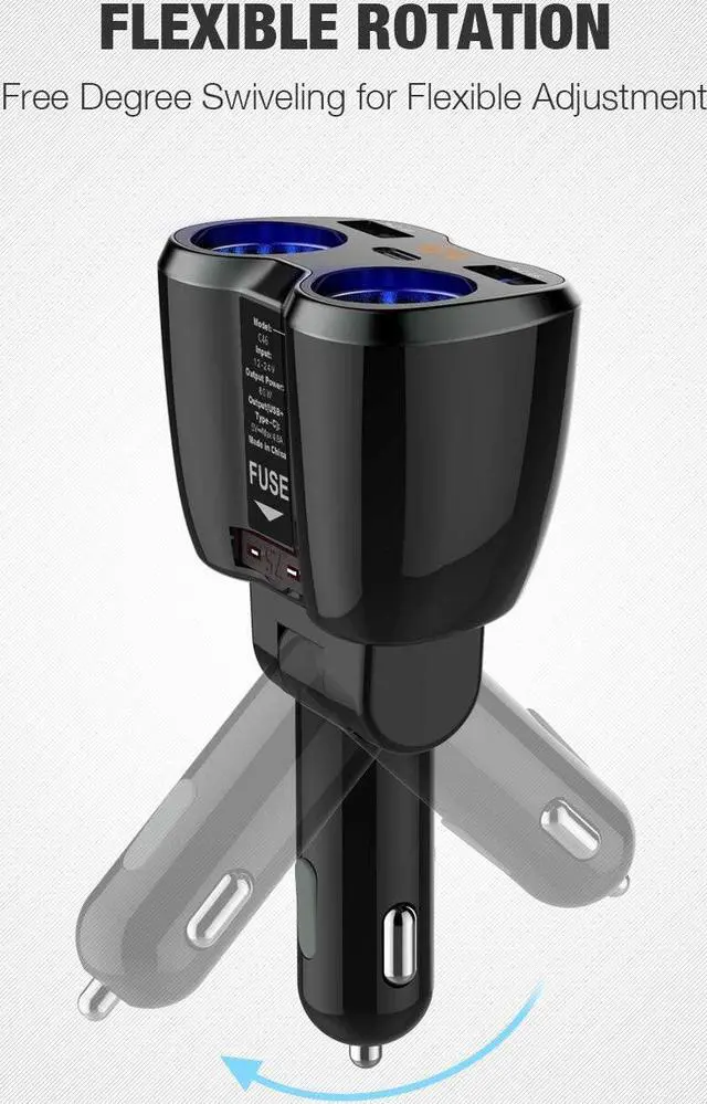 Alt view image 3 of 7 - Otium USB C Car Charger, 2 Sockets Cigarette Lighter Splitter 12/24V 80W Dual USB Type-C Ports Separate Switch LED Voltage Display Built-in Replaceable 10A Fuse Compatible Mobile Phone GPS Dash Cam