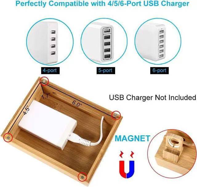 Alt view image 2 of 7 - Bamboo Charging Station Dock for 4/5 / 6 Ports USB Charger with 5 Charging Cables Included, Desktop Docking Station Organizer for Cellphone, Smart Watch,Tablet (No Power Supply)