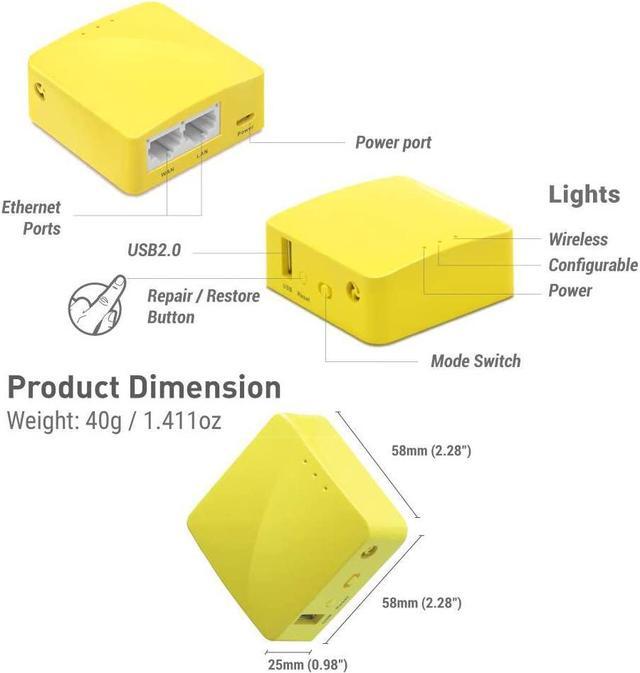 Alt view image 2 of 7 - GL.iNet GL-MT300N-V2(Mango) Portable Mini Travel Wireless Pocket VPN WiFi Router - Access Point/Extender/WDS | OpenWrt | 2 x Ethernet Ports | OpenVPN/Wireguard VPN | USB 2.0 | 128MB RAM