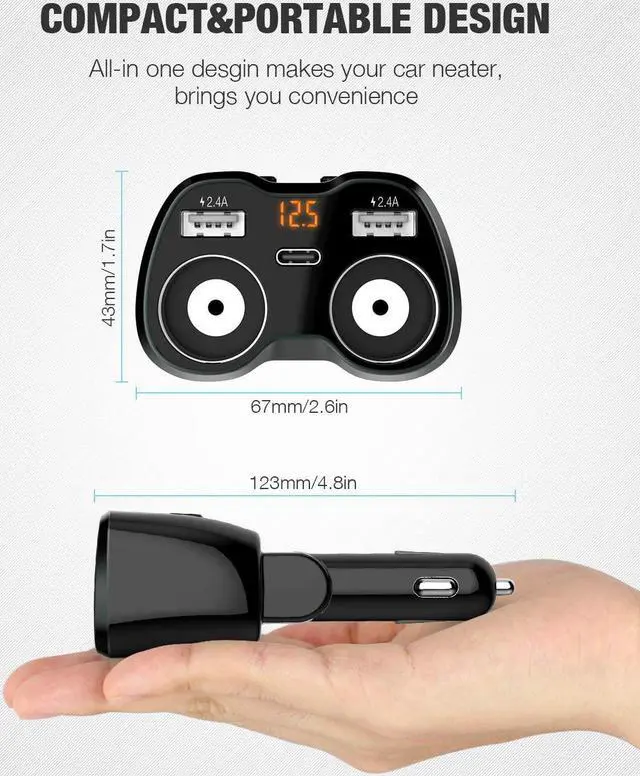 Alt view image 5 of 7 - Otium USB C Car Charger, 2 Sockets Cigarette Lighter Splitter 12/24V 80W Dual USB Type-C Ports Separate Switch LED Voltage Display Built-in Replaceable 10A Fuse Compatible Mobile Phone GPS Dash Cam