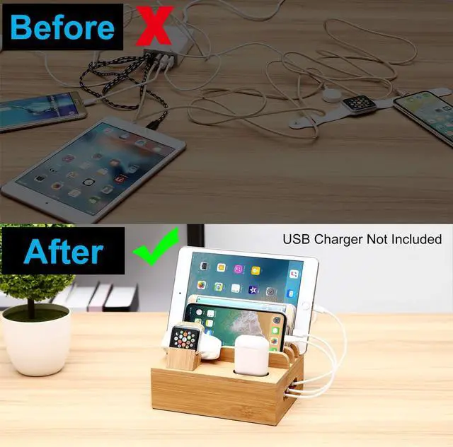 Alt view image 4 of 7 - Bamboo Charging Station Dock for 4/5 / 6 Ports USB Charger with 5 Charging Cables Included, Desktop Docking Station Organizer for Cellphone, Smart Watch,Tablet (No Power Supply)