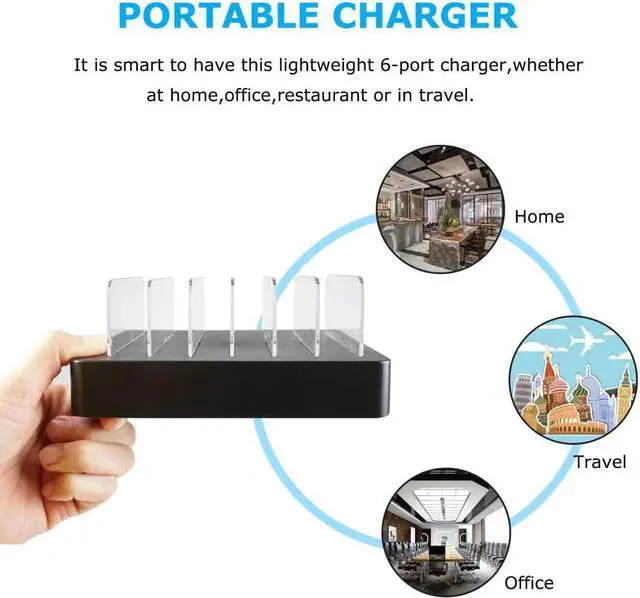 Alt view image 7 of 7 - COSOOS Fastest Charging Station with QC 3.0, 63 W 6-Port USB Charging Station for Multiple Devices with 6 Mixed Short Cable & iWatch Stand, Multi Charger Station for Cell Phone, Tablet