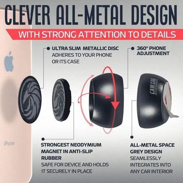 Alt view image 4 of 7 - Universal Car Phone Mount Magnetic - All-Metal iPhone Car Mount for Any Smartphone or GPS - Truly One-Handed Cell Phone Holder for Car Dashboard