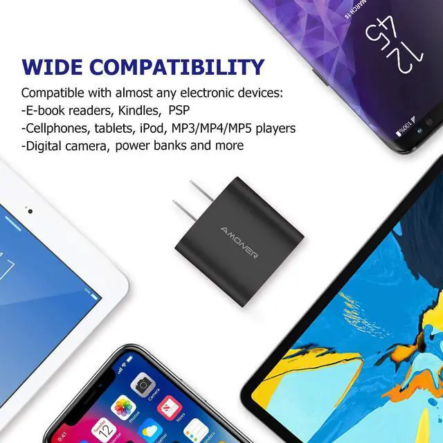 Alt view image 7 of 7 - Amoner Wall Charger, Upgraded 2Pack 15W 3-Port USB Plug Cube Portable Wall Charger Plug for iPhone Xs/XS Max/XR/X/8/7/6/Plus, iPad Pro/Air 2/Mini 2, Galaxy10/9/8/7, Note9/8, LG, Nexus and More