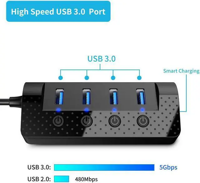 Alt view image 2 of 7 - Powered USB Hub 3.0,  USB Hub with 4 USB 3.0 Data Ports and 1 USB Smart Charging Port, USB Splitter with Individual Power Switches and 5V/3A Power Adapter