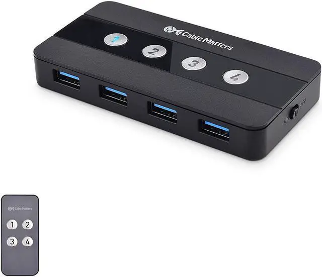 Main image of Cable Matters 4 Port USB 3.0 Switch Hub USB Sharing Switch for 4 Computers and USB Peripherals - Button or Wireless Remote Control Swapping - Includes USB-C Adapter for USB-C and Thunderbolt 3