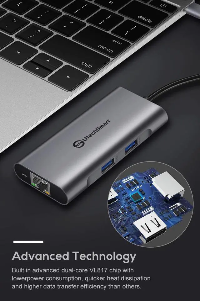 Alt view image 7 of 7 - USB C Hub UtechSmart 6 In 1 USB C to HDMI Adapter with 1000M Ethernet Power Delivery Pd Type C Charging Port 3 USB 3.0 Ports Adapter Compatible for MacBook Pro Chromebook XPS and USB C devices