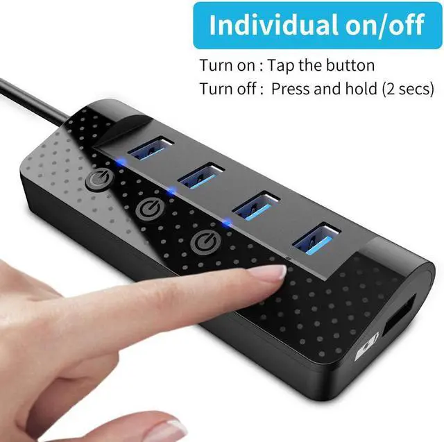 Alt view image 4 of 7 - Powered USB Hub 3.0,  USB Hub with 4 USB 3.0 Data Ports and 1 USB Smart Charging Port, USB Splitter with Individual Power Switches and 5V/3A Power Adapter