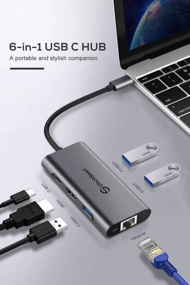 Alt view image 2 of 7 - USB C Hub UtechSmart 6 In 1 USB C to HDMI Adapter with 1000M Ethernet Power Delivery Pd Type C Charging Port 3 USB 3.0 Ports Adapter Compatible for MacBook Pro Chromebook XPS and USB C devices