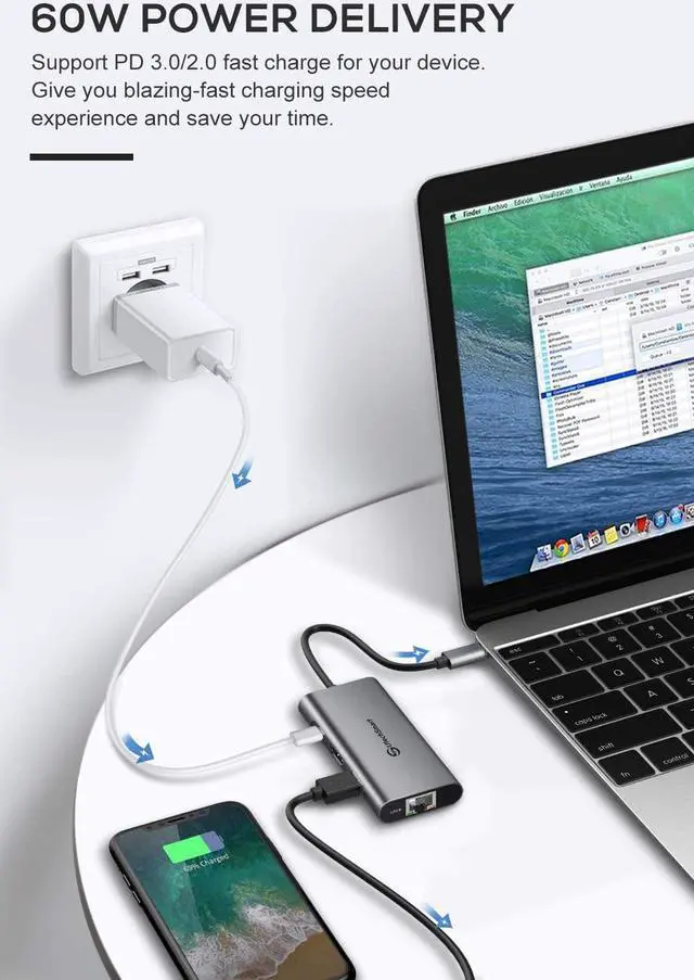 Alt view image 3 of 7 - USB C Hub UtechSmart 6 In 1 USB C to HDMI Adapter with 1000M Ethernet Power Delivery Pd Type C Charging Port 3 USB 3.0 Ports Adapter Compatible for MacBook Pro Chromebook XPS and USB C devices