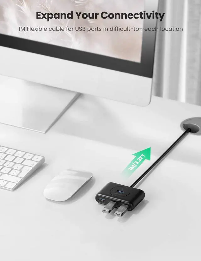 Alt view image 7 of 7 - UGREEN 4 Port USB Hub 3.0 Data Hub with 3ft Portable Extension Cable High Speed Compatible for MacBook Air Mac Mini iMac Pro Microsoft Surface Ultrabooks Black