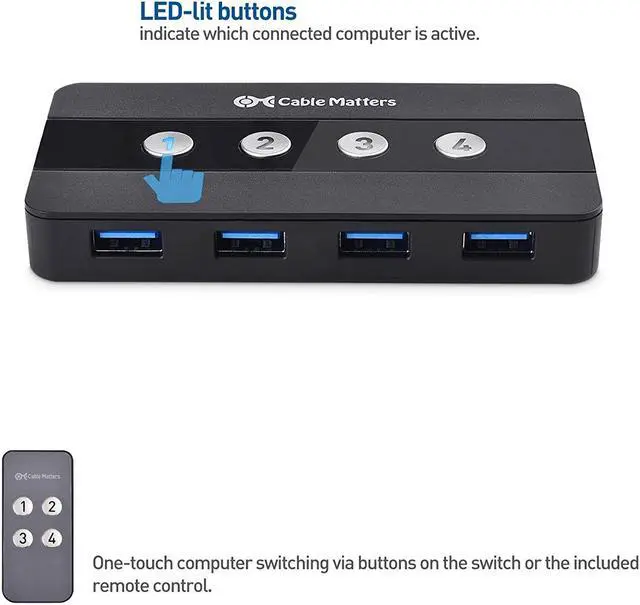 Alt view image 5 of 7 - Cable Matters 4 Port USB 3.0 Switch Hub USB Sharing Switch for 4 Computers and USB Peripherals - Button or Wireless Remote Control Swapping - Includes USB-C Adapter for USB-C and Thunderbolt 3
