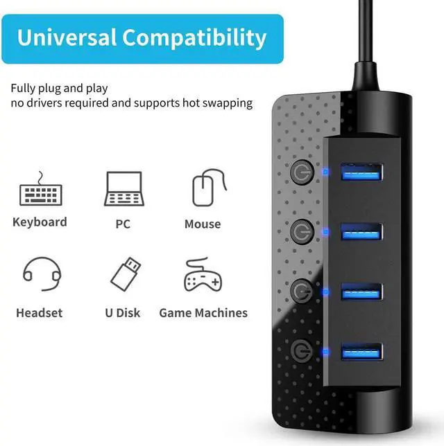 Alt view image 5 of 7 - Powered USB Hub 3.0,  USB Hub with 4 USB 3.0 Data Ports and 1 USB Smart Charging Port, USB Splitter with Individual Power Switches and 5V/3A Power Adapter