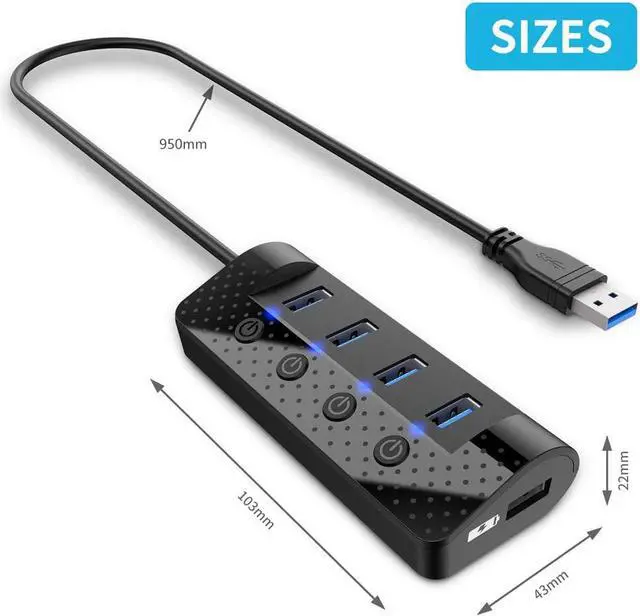 Alt view image 6 of 7 - Powered USB Hub 3.0,  USB Hub with 4 USB 3.0 Data Ports and 1 USB Smart Charging Port, USB Splitter with Individual Power Switches and 5V/3A Power Adapter